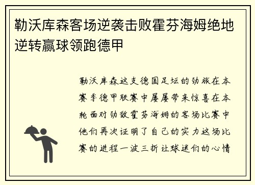 勒沃库森客场逆袭击败霍芬海姆绝地逆转赢球领跑德甲